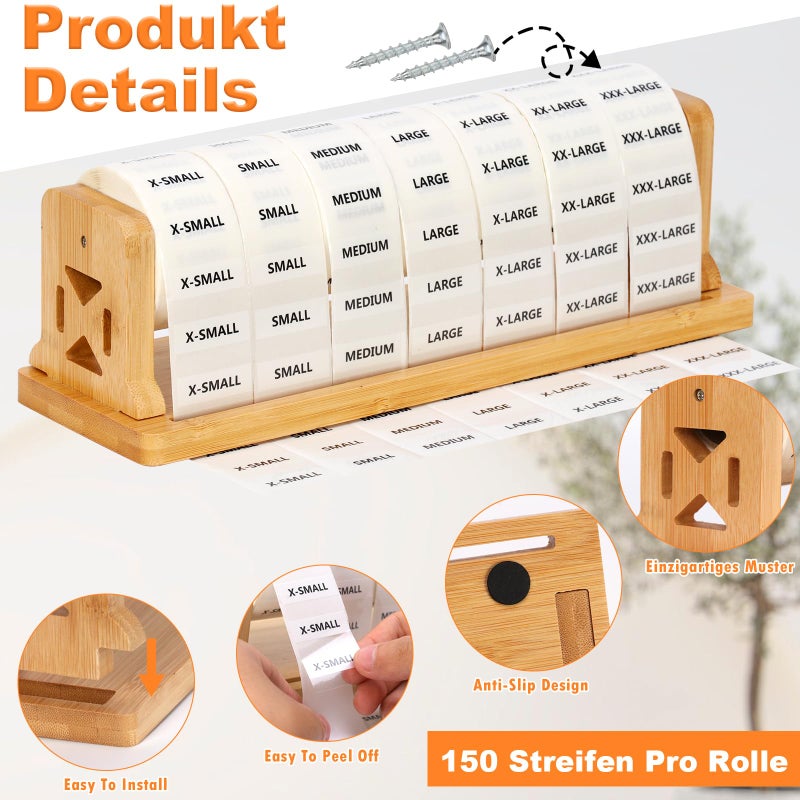 DLUGOPIS 1050Pcs Clothing Size Label Dispenser with Clear Clothing Size Strip Labels 11.3*3.3*3.5inch Wooden Label Dispenser Label Stand Holder Sticker Roll Holder Organizer For Tshirt Size Stickers 7 Sizes - Image 3