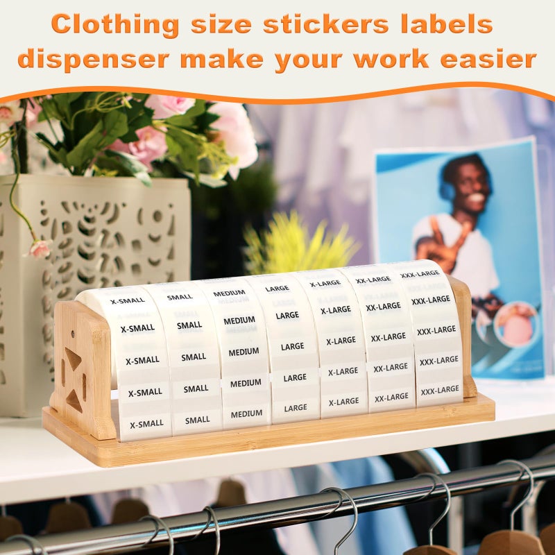 DLUGOPIS 1050Pcs Clothing Size Label Dispenser with Clear Clothing Size Strip Labels 11.3*3.3*3.5inch Wooden Label Dispenser Label Stand Holder Sticker Roll Holder Organizer For Tshirt Size Stickers 7 Sizes - Image 4