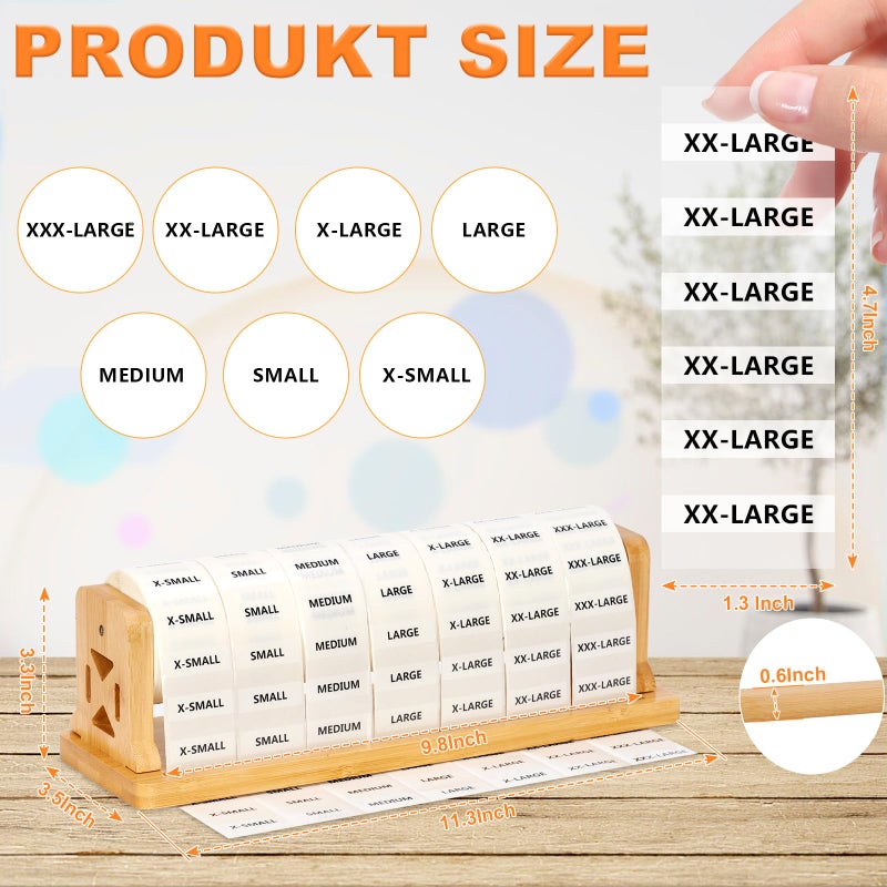 DLUGOPIS 1050Pcs Clothing Size Label Dispenser with Clear Clothing Size Strip Labels 11.3*3.3*3.5inch Wooden Label Dispenser Label Stand Holder Sticker Roll Holder Organizer For Tshirt Size Stickers 7 Sizes - Image 2