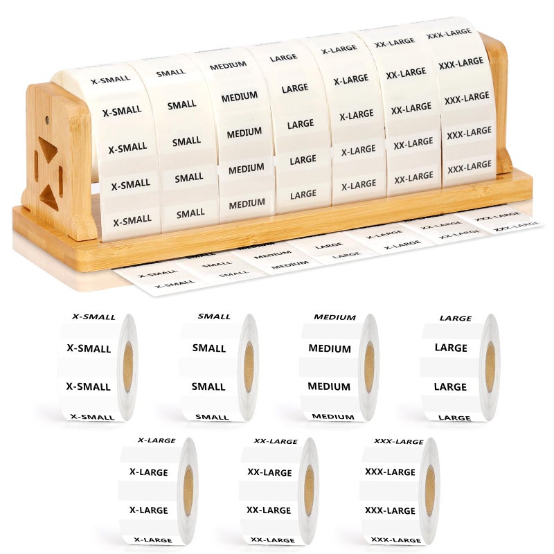 DLUGOPIS 1050Pcs Clothing Size Label Dispenser with Clear Clothing Size Strip Labels 11.3*3.3*3.5inch Wooden Label Dispenser Label Stand Holder Sticker Roll Holder Organizer For Tshirt Size Stickers 7 Sizes - Image 1