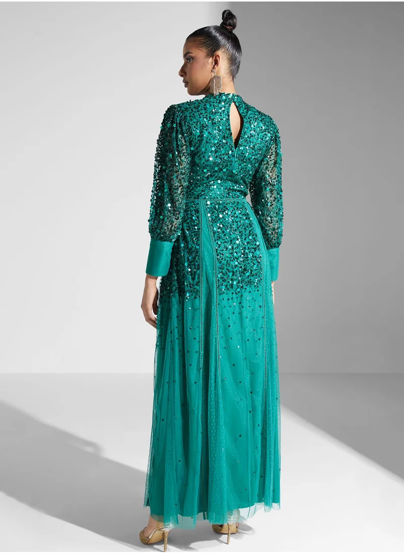 Frock and Frill Puff Sleeve Dress With Sequin Detail