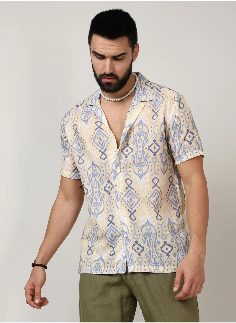 Campus Sutra Men's Pale Yellow & Powder Blue Ethnic Shirt