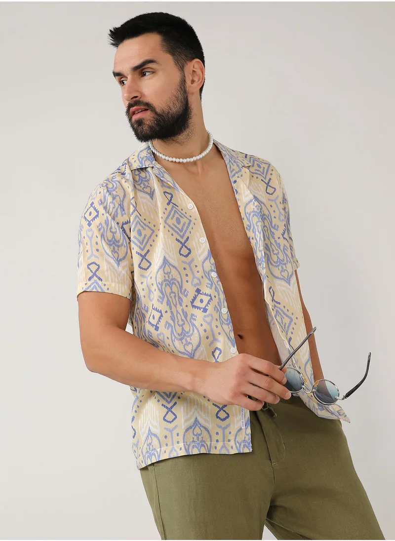 Campus Sutra Men's Pale Yellow & Powder Blue Ethnic Shirt