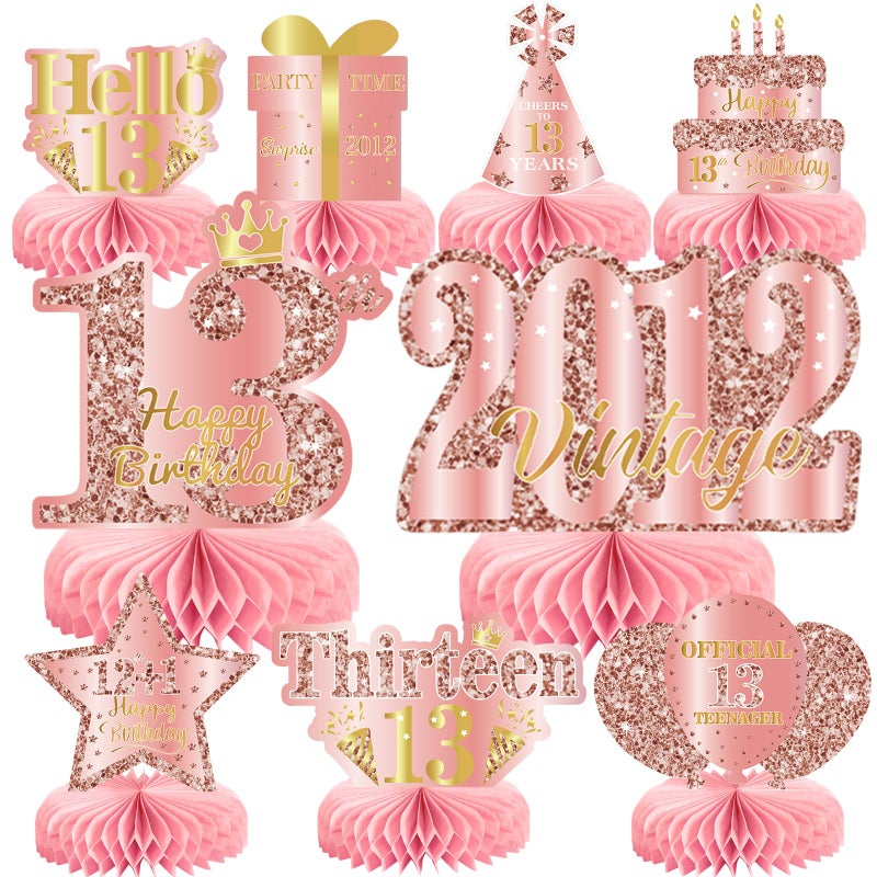 9Pcs 13th Birthday Decorations Rose Gold 13th Birthday Party Decorations for GirlsPink Happy 13 Years Birthday Honeycomb Centerpieces Table Sign Decor Supplies