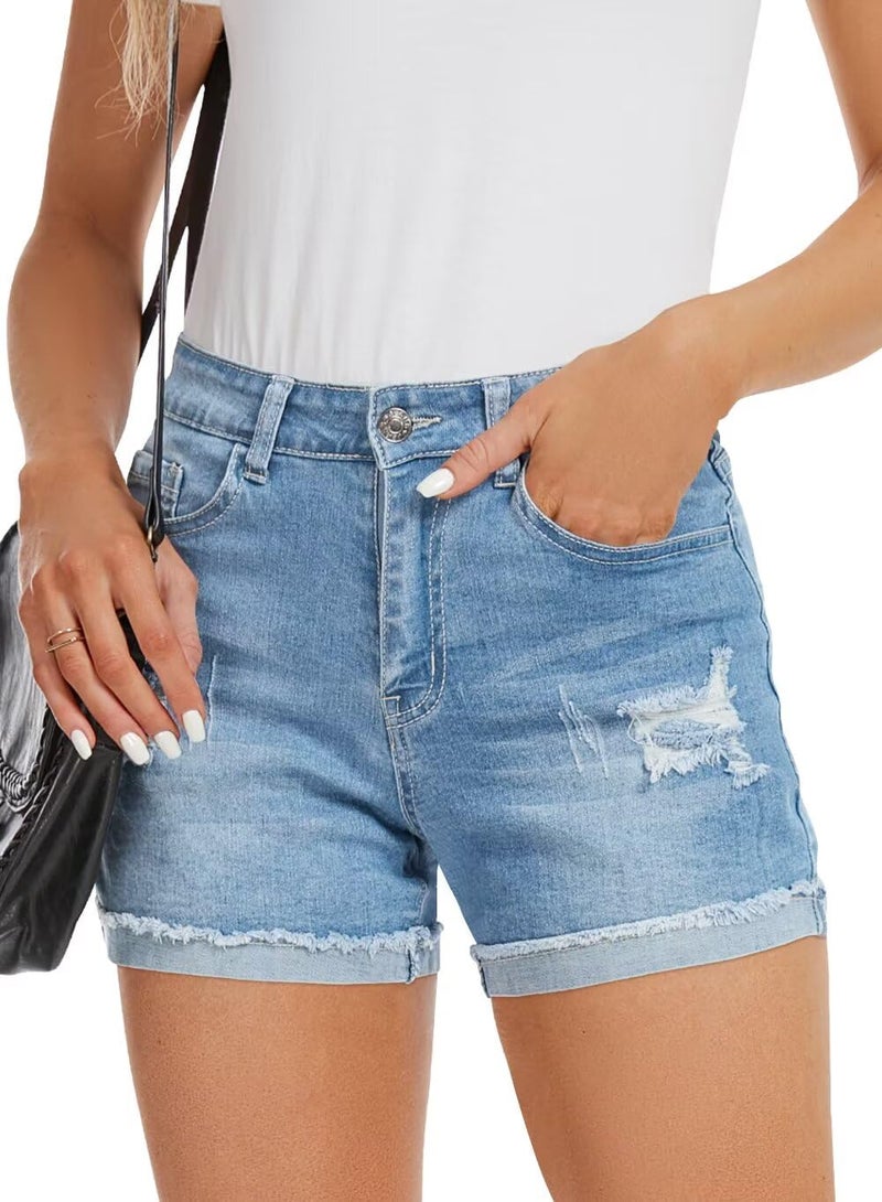 FEKOAFE Womens Stretchy Jean Shorts Mid Waisted Ripped Denim Shorts Casual Summer Beach Shorts for Women Light Blue Large - Image 3