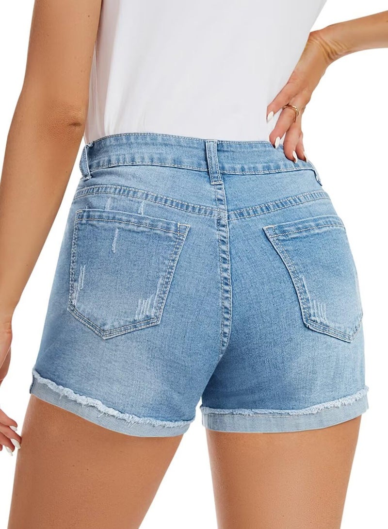FEKOAFE Womens Stretchy Jean Shorts Mid Waisted Ripped Denim Shorts Casual Summer Beach Shorts for Women Light Blue Large - Image 5