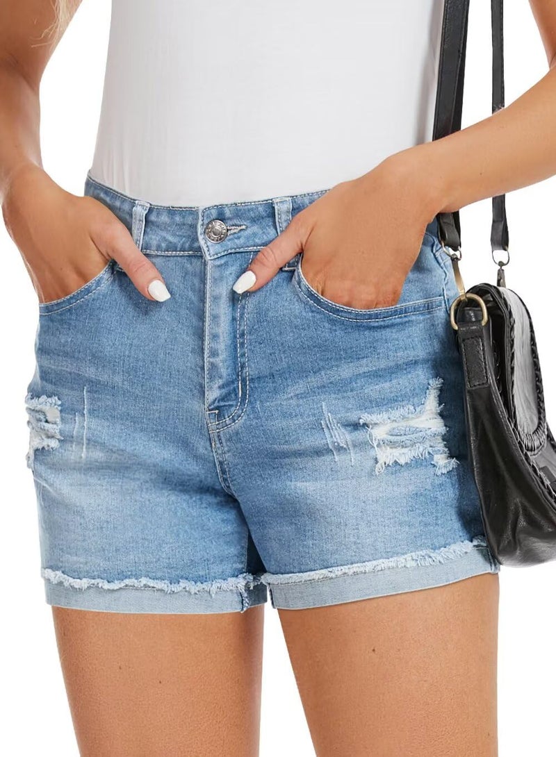 FEKOAFE Womens Stretchy Jean Shorts Mid Waisted Ripped Denim Shorts Casual Summer Beach Shorts for Women Light Blue Large - Image 4
