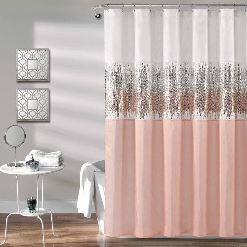 Lush Decor Night Sky Shower Curtain, Single, 72" W x 72" L, White & Blush - Sequin Shower Curtain - Sparkly Color Block Bath Curtain - Modern Glam Bathroom Decor - Image 1