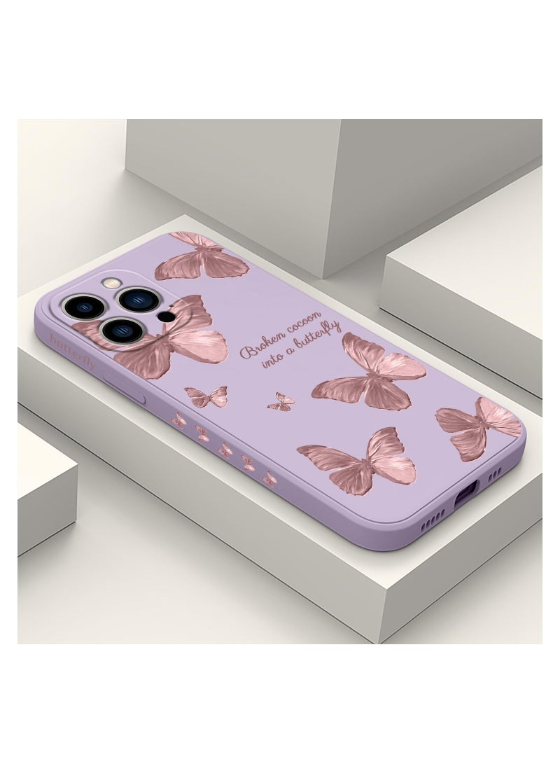 غطاء هاتف iPhone 12 Pro Max بتصميم زهرة فراشة فضائي لطيف، مع بطانة ناعمة من الألياف الدقيقة ومصنوع من السيليكون السائل النحيف، متوفر باللون البنفسجي الفاتح. - Image 1