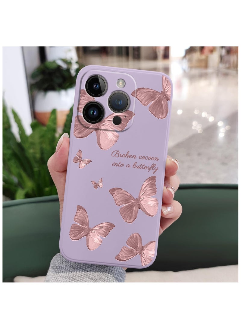 غطاء هاتف iPhone 12 Pro Max بتصميم زهرة فراشة فضائي لطيف، مع بطانة ناعمة من الألياف الدقيقة ومصنوع من السيليكون السائل النحيف، متوفر باللون البنفسجي الفاتح. - Image 2