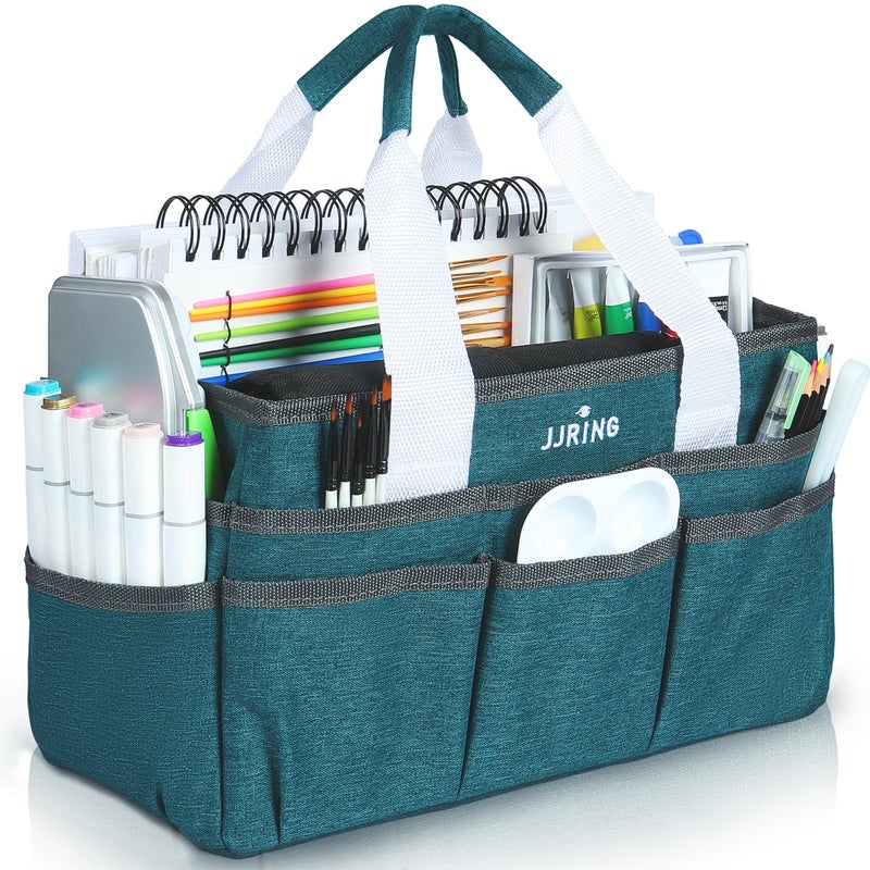 JJRING Craft Organizer Tote Bag for Art Storage Caddy with Multiple Pockets Bluish Green Sewing Bag for Scrapbooking School Medical and Office Supplies