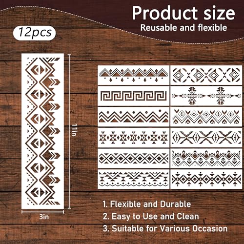Keluna Aztec Stencils - 12 Pcs Boho Borders Pattern Stencils for DIY Wall & Wood Canvas Painting - Image 4