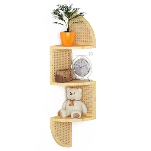 WOPITMER 3-Tier Corner Shelf - Wooden Rattan Wall Mounted, Zig Zag Hanging Shelves for Bedroom, Living Room & Bathroom - Image 1