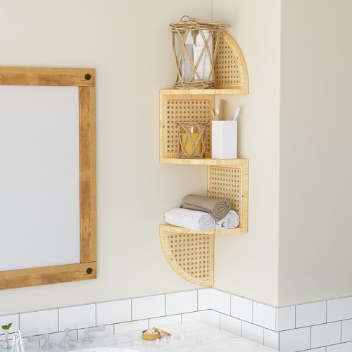 WOPITMER 3-Tier Corner Shelf - Wooden Rattan Wall Mounted, Zig Zag Hanging Shelves for Bedroom, Living Room & Bathroom - Image 2