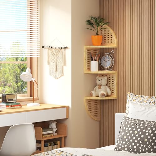 WOPITMER 3-Tier Corner Shelf - Wooden Rattan Wall Mounted, Zig Zag Hanging Shelves for Bedroom, Living Room & Bathroom - Image 3