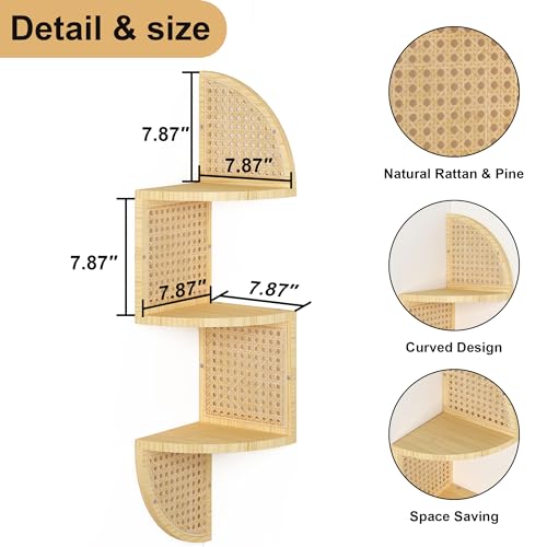 WOPITMER 3-Tier Corner Shelf - Wooden Rattan Wall Mounted, Zig Zag Hanging Shelves for Bedroom, Living Room & Bathroom - Image 4