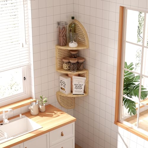WOPITMER 3-Tier Corner Shelf - Wooden Rattan Wall Mounted, Zig Zag Hanging Shelves for Bedroom, Living Room & Bathroom - Image 5