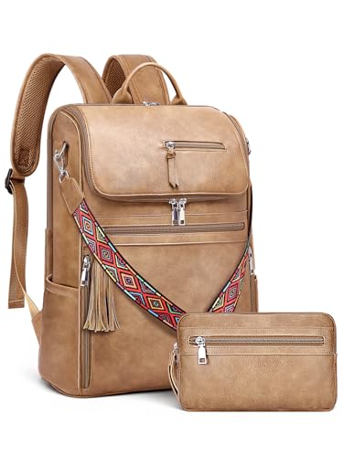 SYTRAH Leather Laptop Backpack for Women Designer Laptop Bag 165 inch Travel Computer Backpacks Purse with Tassel for Work Business with Satchel Purse Camel Brown - Image 1