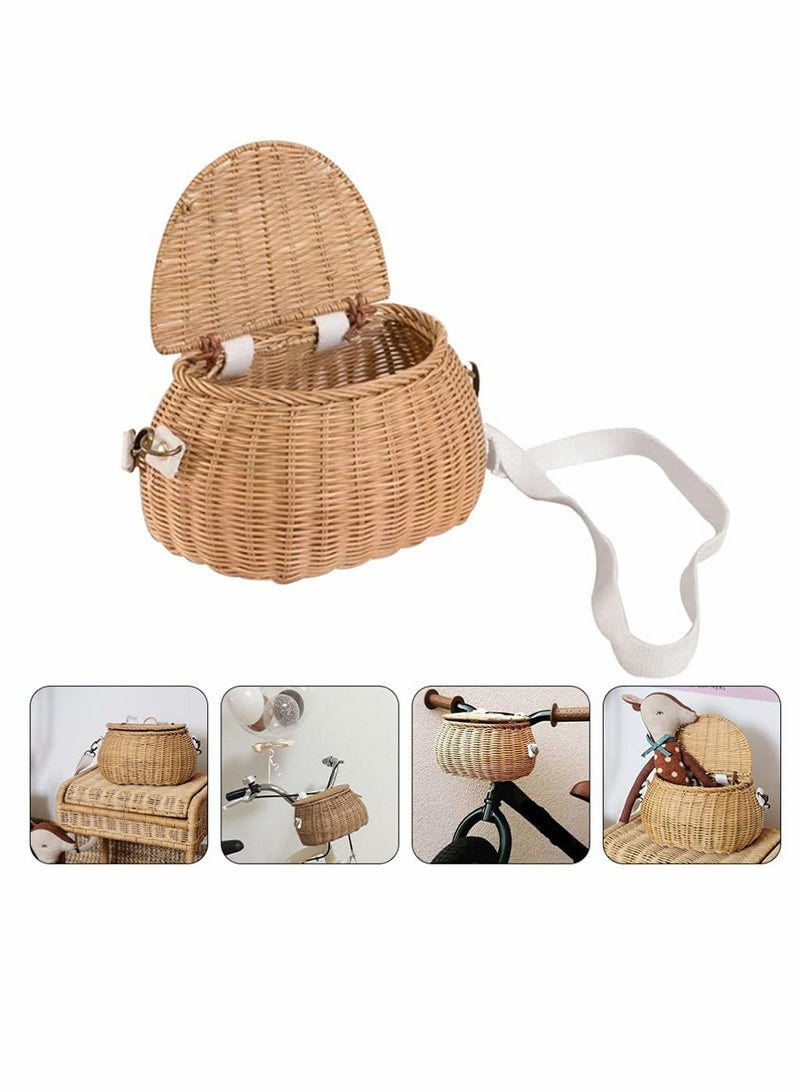 KASTWAVE Wicker Basket with Lid Front Handlebar Kids Rattan Bicycle Basket Wicker Small Backpack Scooter Front Basket Outdoor Picnic Bag Light Yellow - Image 1