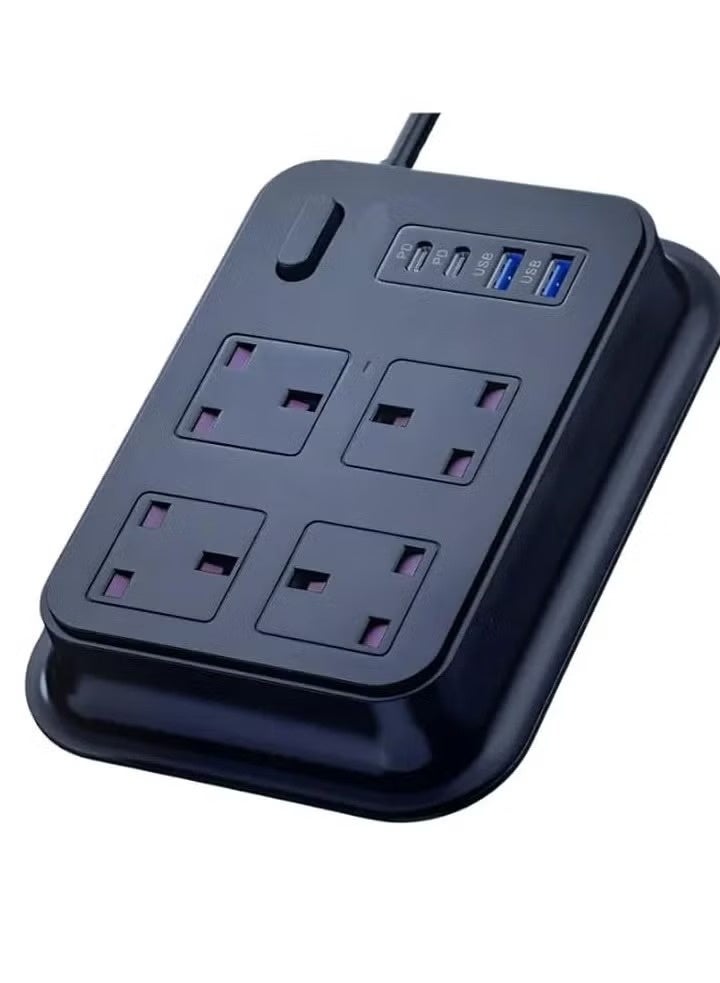 PowerMax Power Strip  Get a 3-meter power strip with 4 outlets and 4 USB + USB-C ports , Power Max 3M Power Extension Socket Protector - 4  Wide Sockets with 2 USB, 2 PD Flat Plug, Wall Mount, USB Charging Station for Office, Ideal for All Electronic Devices, Black - Image 1