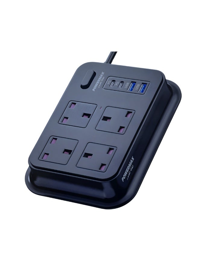 PowerMax Power Strip  Get a 3-meter power strip with 4 outlets and 4 USB + USB-C ports , Power Max 3M Power Extension Socket Protector - 4  Wide Sockets with 2 USB, 2 PD Flat Plug, Wall Mount, USB Charging Station for Office, Ideal for All Electronic Devices, Black - Image 3