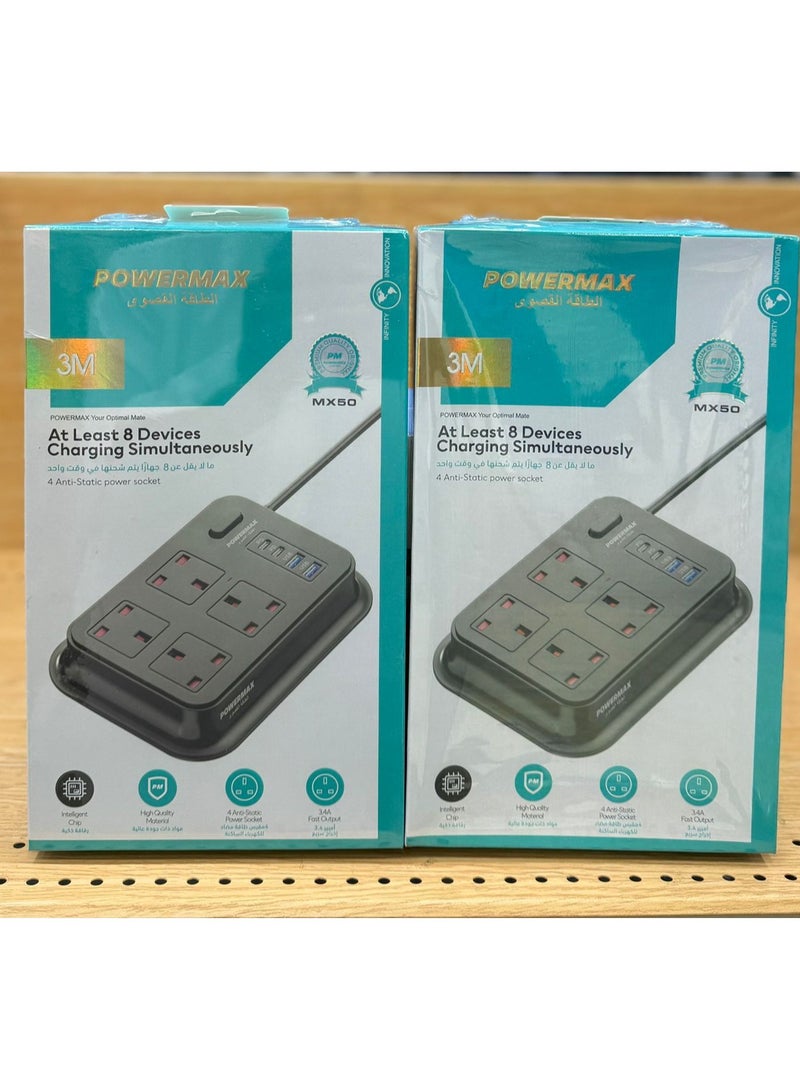 PowerMax Power Strip  Get a 3-meter power strip with 4 outlets and 4 USB + USB-C ports , Power Max 3M Power Extension Socket Protector - 4  Wide Sockets with 2 USB, 2 PD Flat Plug, Wall Mount, USB Charging Station for Office, Ideal for All Electronic Devices, Black - Image 2