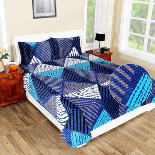 RD TREND® Warm Bedsheet for Winter – Flannel Bedsheet Soft & Cozy | Winter Bedsheet for Double Bed (90x100 inches) with 2 Matching Pillow Covers (Blue Triangle) - Image 1