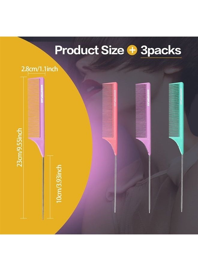 Goodofferplace - 3PCS Hair Rat Tail Combs Parting Rattail Combs Teasing Fine Tooth Comb Metal Hair Pick Detangling Combs Set for Women,Girls(Pink Purple Green) - Image 1