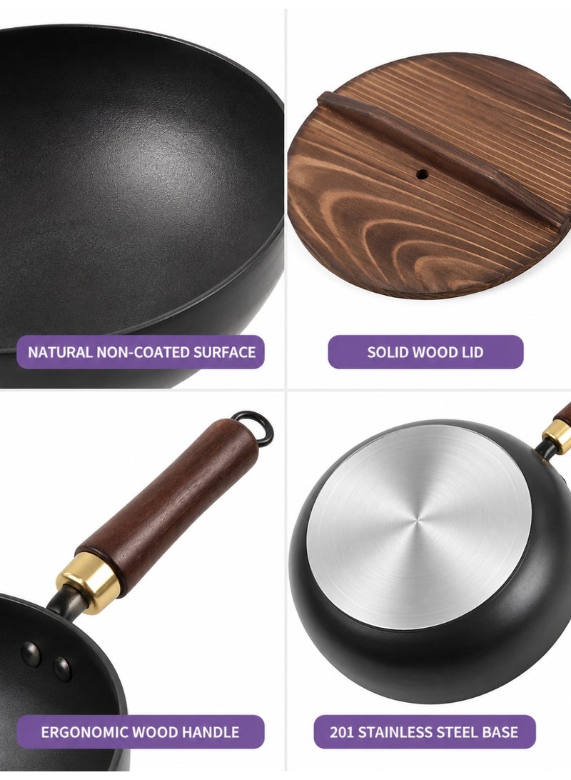 Small cast-iron pan, small wok, household frying pan, uncoated pan, traditional wide-bottomed pan, healthy uncoated non-stick pan (made of pure cast iron, enriches food with essential minerals), with wooden handle and wooden lid, black - Image 3