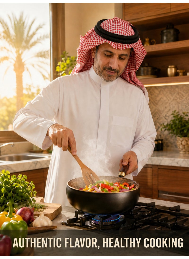Small cast-iron pan, small wok, household frying pan, uncoated pan, traditional wide-bottomed pan, healthy uncoated non-stick pan (made of pure cast iron, enriches food with essential minerals), with wooden handle and wooden lid, black - Image 2