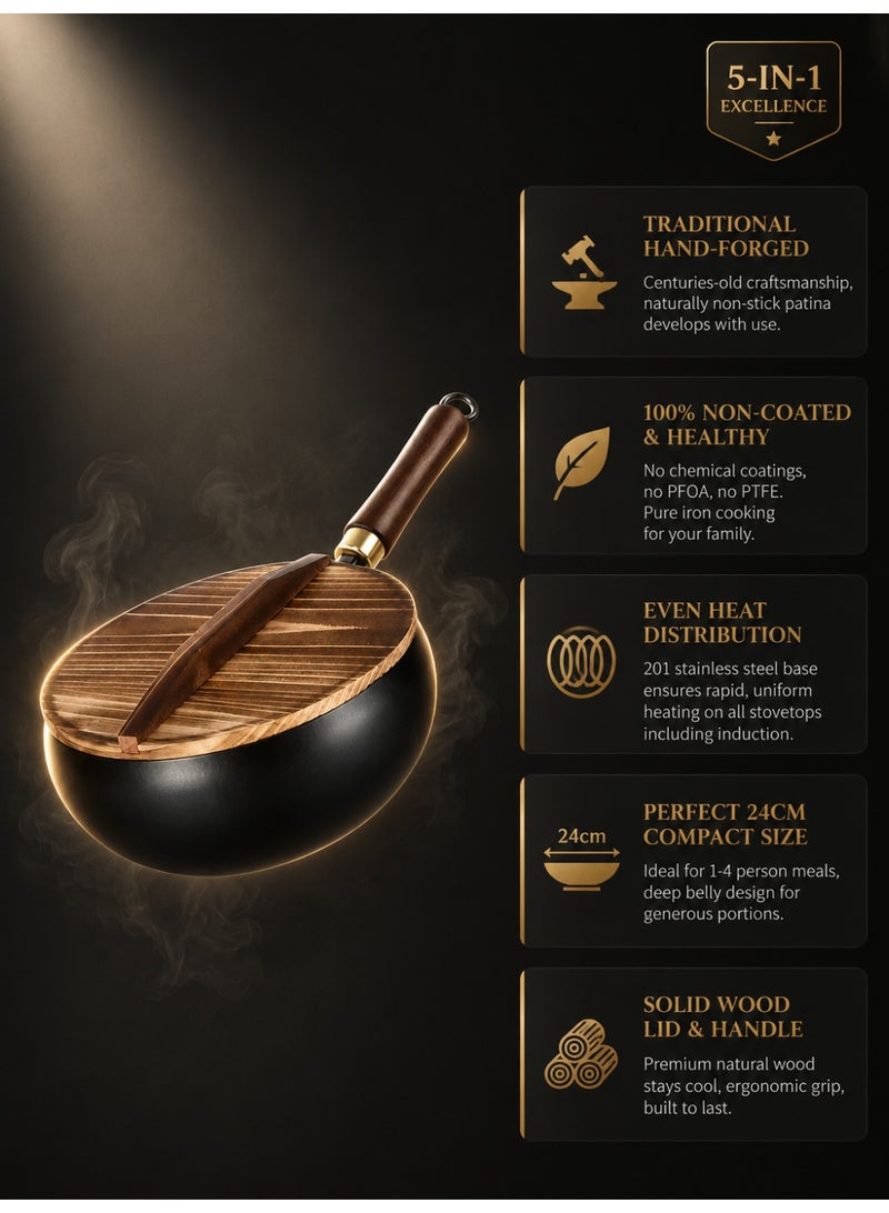Small cast-iron pan, small wok, household frying pan, uncoated pan, traditional wide-bottomed pan, healthy uncoated non-stick pan (made of pure cast iron, enriches food with essential minerals), with wooden handle and wooden lid, black - Image 5