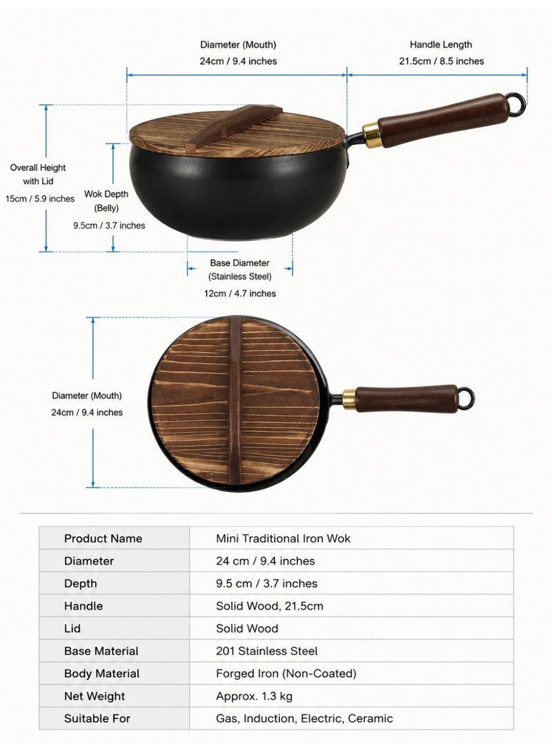 Small cast-iron pan, small wok, household frying pan, uncoated pan, traditional wide-bottomed pan, healthy uncoated non-stick pan (made of pure cast iron, enriches food with essential minerals), with wooden handle and wooden lid, black - Image 4