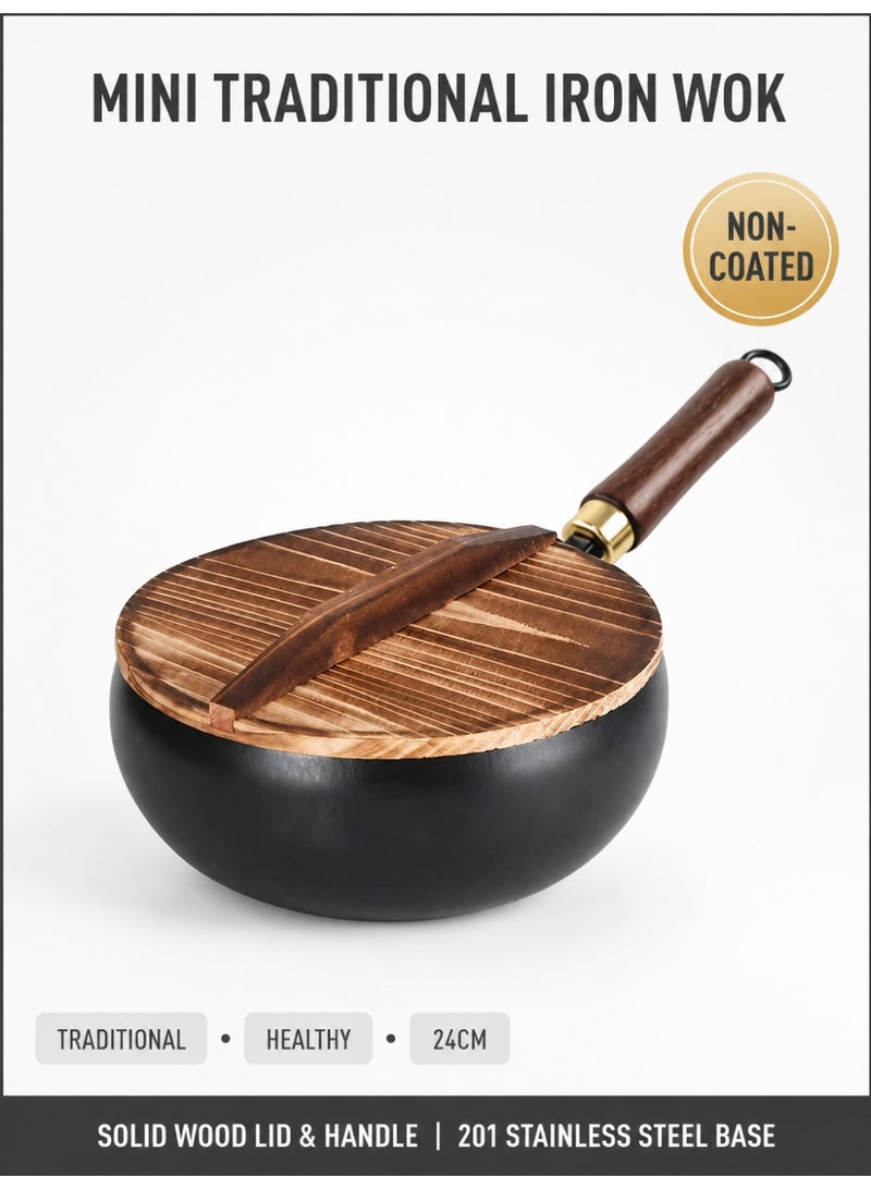 Small cast-iron pan, small wok, household frying pan, uncoated pan, traditional wide-bottomed pan, healthy uncoated non-stick pan (made of pure cast iron, enriches food with essential minerals), with wooden handle and wooden lid, black - Image 1
