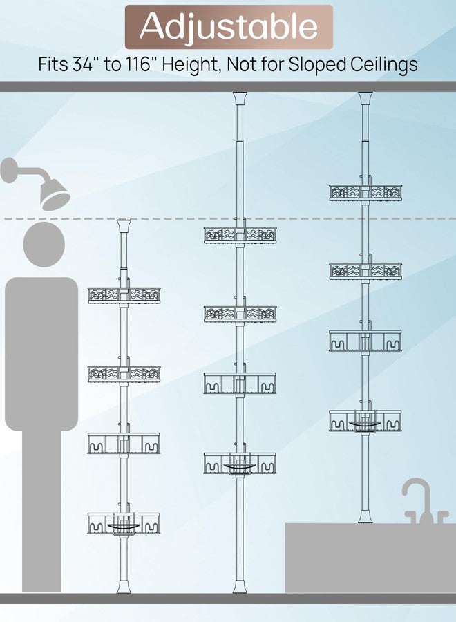 ALLZONE Corner Shower Caddy Tension Pole with 4 Repositionable Hang-On Baskets, Mixed-Height Shelves for Tall Bottles, 8 Dual Hooks & Soap Dish, Rust-Resistant Stainless Steel, Adjustable 34-116 Inch - Image 3