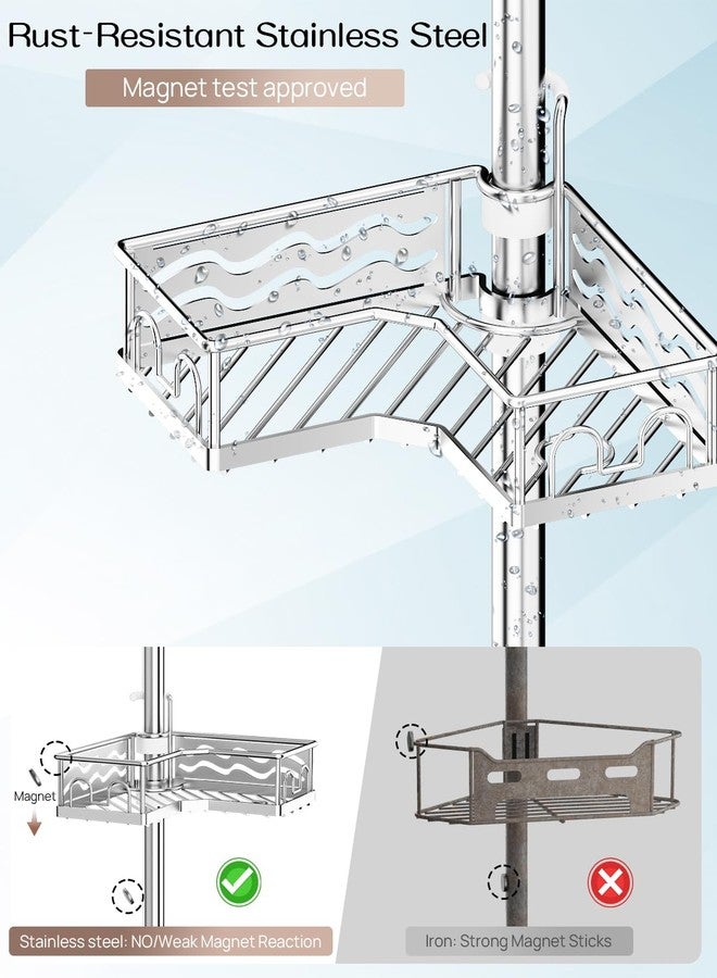 ALLZONE Corner Shower Caddy Tension Pole with 4 Repositionable Hang-On Baskets, Mixed-Height Shelves for Tall Bottles, 8 Dual Hooks & Soap Dish, Rust-Resistant Stainless Steel, Adjustable 34-116 Inch - Image 5