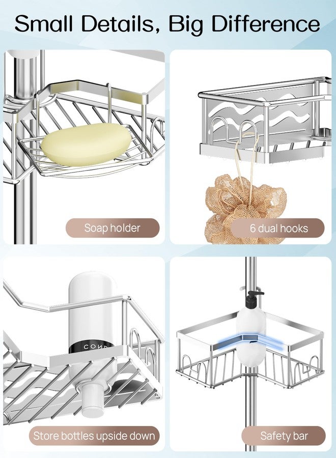ALLZONE Corner Shower Caddy Tension Pole with 4 Repositionable Hang-On Baskets, Mixed-Height Shelves for Tall Bottles, 8 Dual Hooks & Soap Dish, Rust-Resistant Stainless Steel, Adjustable 34-116 Inch - Image 4