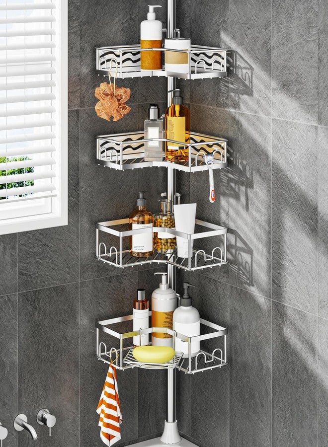 ALLZONE Corner Shower Caddy Tension Pole with 4 Repositionable Hang-On Baskets, Mixed-Height Shelves for Tall Bottles, 8 Dual Hooks & Soap Dish, Rust-Resistant Stainless Steel, Adjustable 34-116 Inch - Image 1