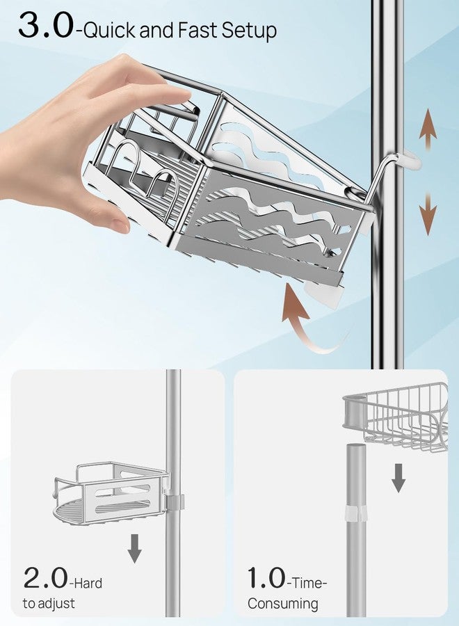 ALLZONE Corner Shower Caddy Tension Pole with 4 Repositionable Hang-On Baskets, Mixed-Height Shelves for Tall Bottles, 8 Dual Hooks & Soap Dish, Rust-Resistant Stainless Steel, Adjustable 34-116 Inch - Image 2