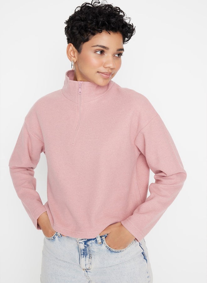 trendyol Pale Pink Thessaloniki/Knitwear Look Zippered Collar Regular/Regular Fit Knitted Sweatshirt TWOAW22SW0732 - Image 1