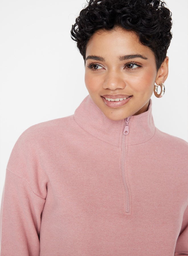 trendyol Pale Pink Thessaloniki/Knitwear Look Zippered Collar Regular/Regular Fit Knitted Sweatshirt TWOAW22SW0732 - Image 2