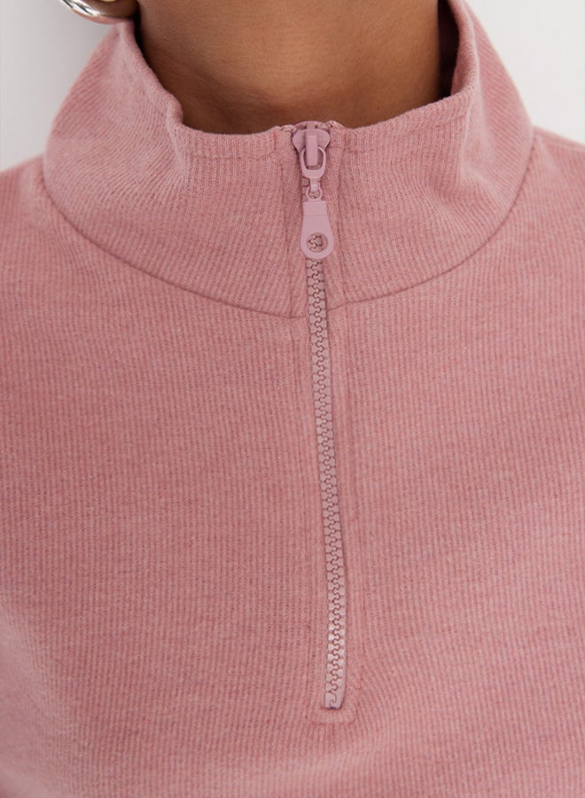 trendyol Pale Pink Thessaloniki/Knitwear Look Zippered Collar Regular/Regular Fit Knitted Sweatshirt TWOAW22SW0732 - Image 4