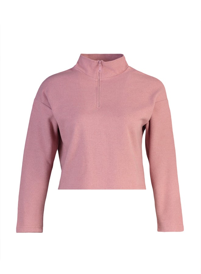 trendyol Pale Pink Thessaloniki/Knitwear Look Zippered Collar Regular/Regular Fit Knitted Sweatshirt TWOAW22SW0732 - Image 5