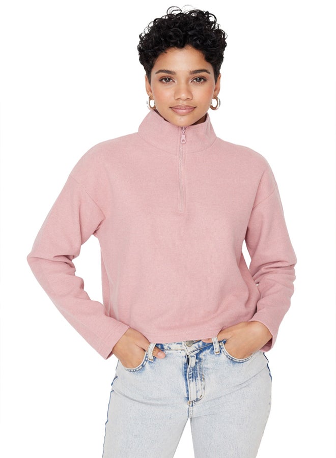 trendyol Pale Pink Thessaloniki/Knitwear Look Zippered Collar Regular/Regular Fit Knitted Sweatshirt TWOAW22SW0732 - Image 3