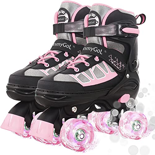 MammyGol Roller Skates for Kids Boys Girls, Adjustable Quad Skates with Light Up Wheels for Toddler Little Kids Ages 6-12 Size 13C 1 2, Beginners Outdoor Sports, Pink - Image 1