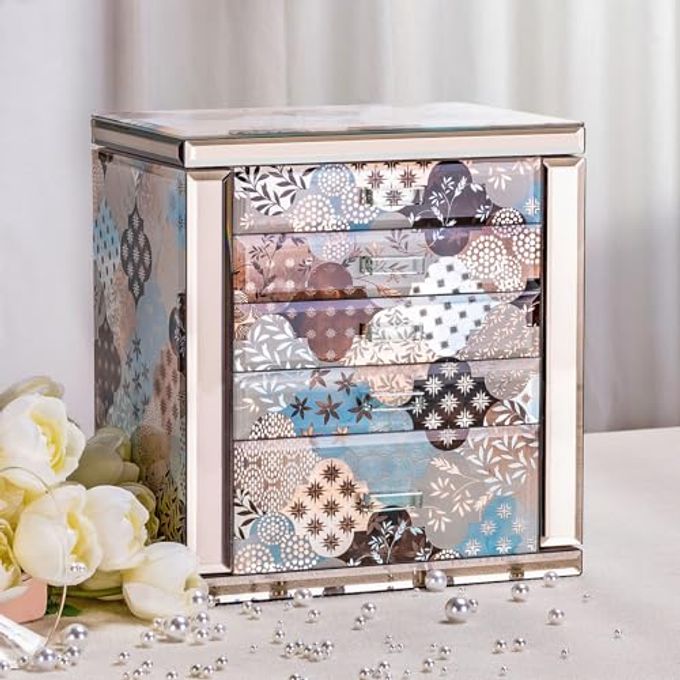 Homruilink High End Glass Jewelry Box, 5 Layer Jewelry Organizer For Women, Side Doors & Mirror, Velvet-Lined Storage For Rings & Necklaces, Ideal Gift (Geometric Floral) - Image 1