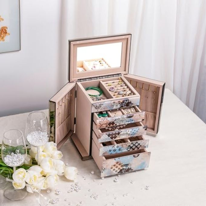 Homruilink High End Glass Jewelry Box, 5 Layer Jewelry Organizer For Women, Side Doors & Mirror, Velvet-Lined Storage For Rings & Necklaces, Ideal Gift (Geometric Floral) - Image 5