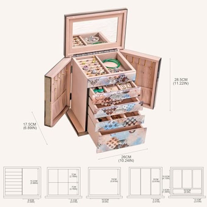 Homruilink High End Glass Jewelry Box, 5 Layer Jewelry Organizer For Women, Side Doors & Mirror, Velvet-Lined Storage For Rings & Necklaces, Ideal Gift (Geometric Floral) - Image 3