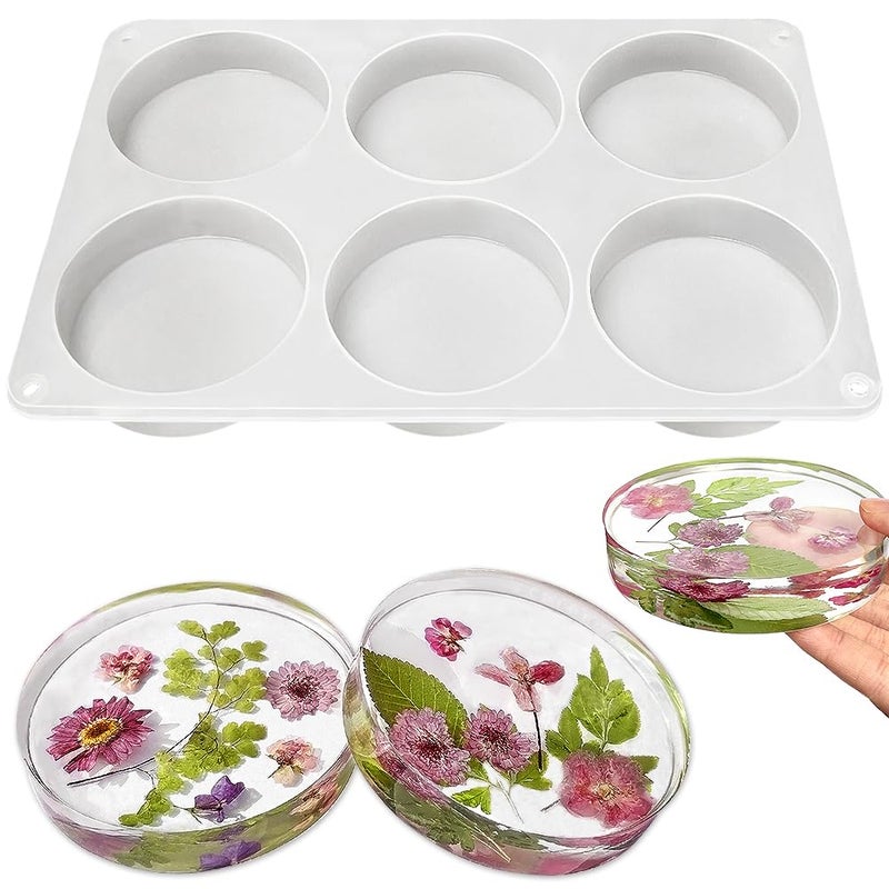 RESINWORLD 6-Cavity Deep Round Coaster Molds, 4 Inches Coaster Silicone Molds for Epoxy Resin, Coaster Resin Molds for Flower Bouquet Preservation - Image 1