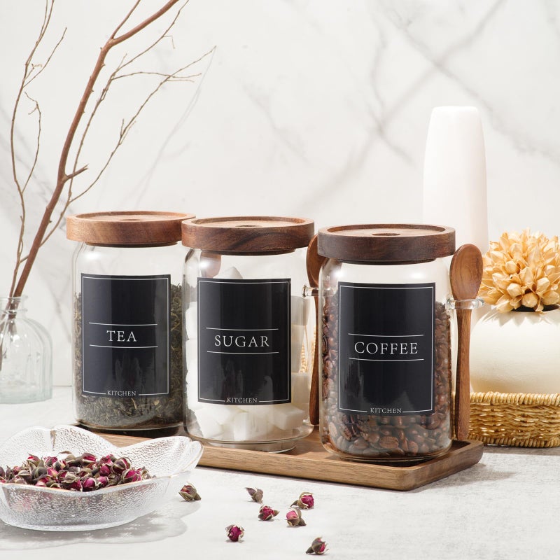 KOSKIMER Coffee and Sugar Container Set, Glass Coffee Jars with Wooden Lids and Scoops, Decorative Sugar Tea Creamer Canisters for Kitchen Countertop (25oz) - Image 3