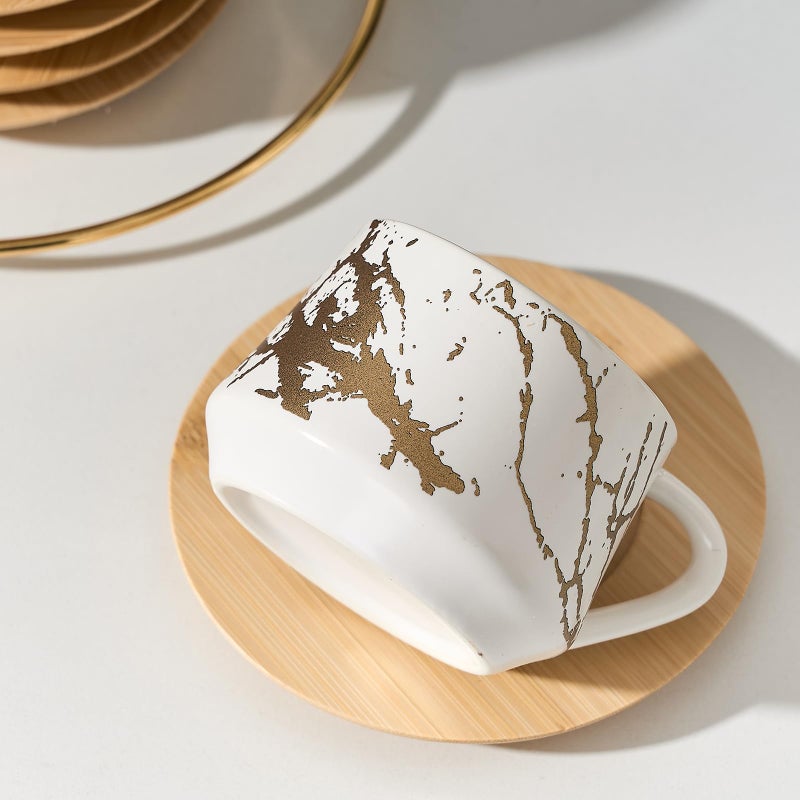 Luka Ceramic Espresso Cups With Saucers And Metal Stand  Small 4 Oz Porcelain Demitasse Cups Set Of 6  Cute Cappuccino Coffee Cups For Double Espresso  Tea  Marbling White - Image 3